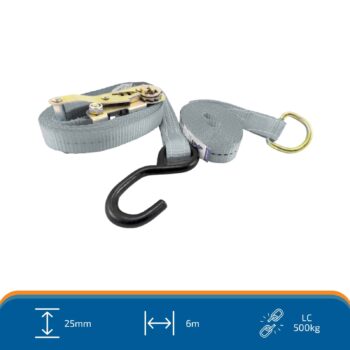 Ratchet Tie Down Kit, S-Hook & D-Ring 6mx25mm, LC500kg
